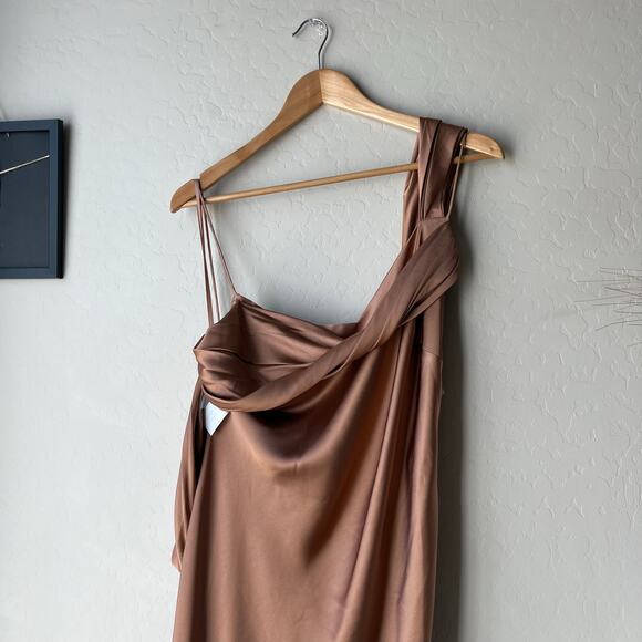NEW Fame and Partners Dress Francois Bronze Satin Draped Maxi Gown Size 14 - Picture 3 of 10